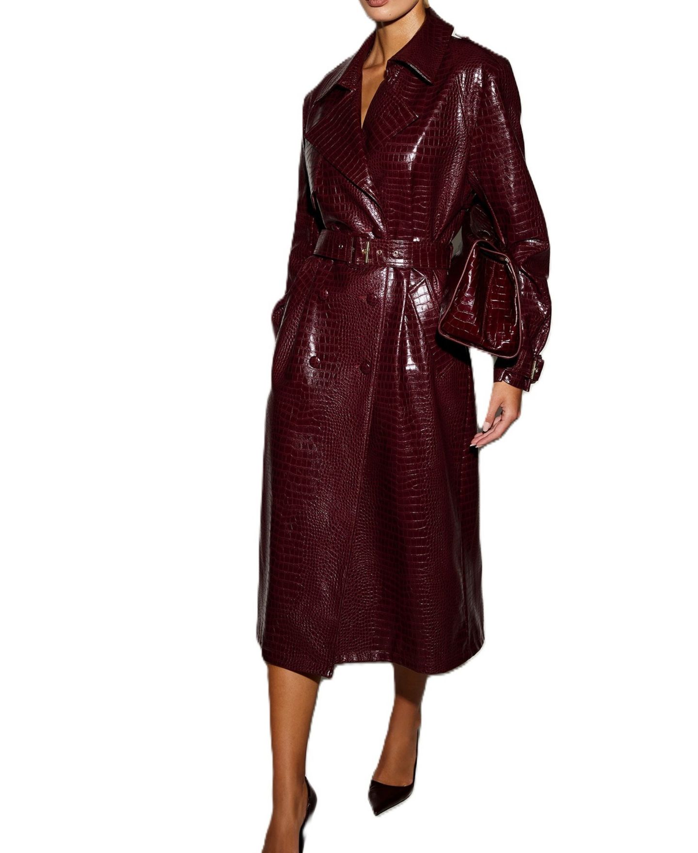 Женское пальто GUESS Long Belted Trench Faux Leather, цвет: Красный — фото 6