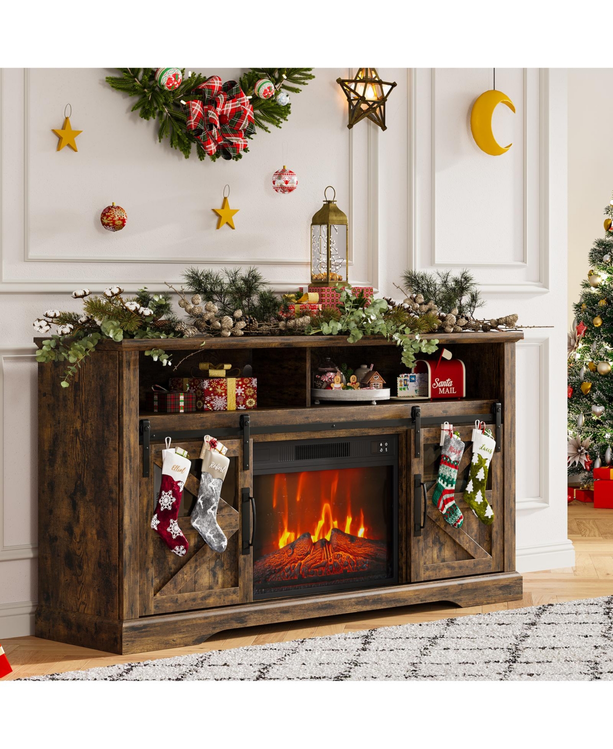 homfan Farmhouse Electric Fireplace Tv Stand for TVs, 60" Media Console with 23" Fireplace Insert, Sliding Barn Door and Storage Cabinet - Brown