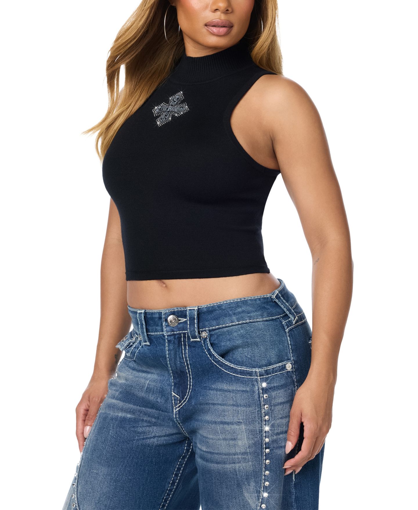 Женский топ True Religion Crystal Mock Neck Sequin Sleeveless Crop, цвет: Угольно-чёрный — фото 2