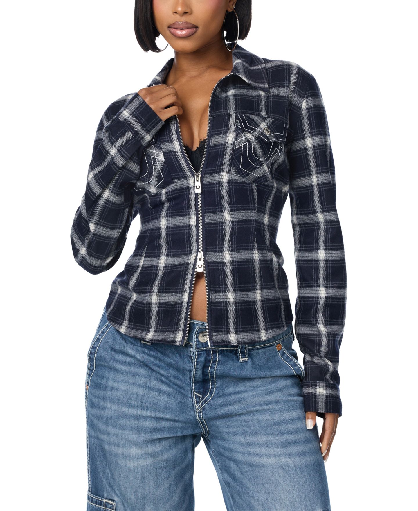 Женская блузка True Religion Plaid Flannel Long-Sleeve, цвет: Разноцветный тёмно-синий — фото 1