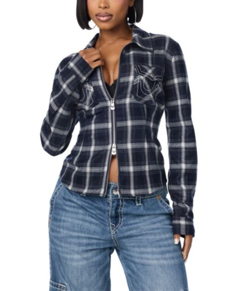 Женская блузка True Religion Plaid Flannel Long-Sleeve, цвет: Разноцветный тёмно-синий