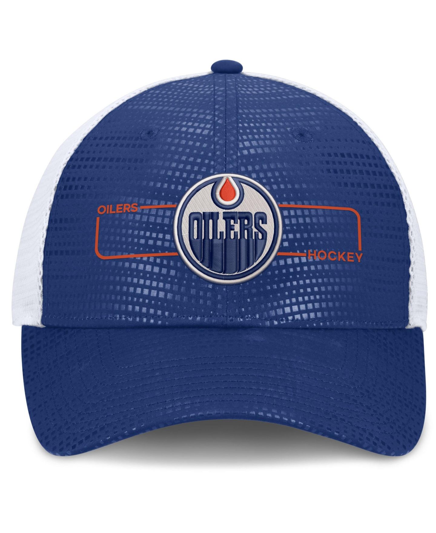 Мужская кепка Fanatics Royal Edmonton Oilers Authentic Pro Rink Boxed Logo Trucker Hat — фото 2