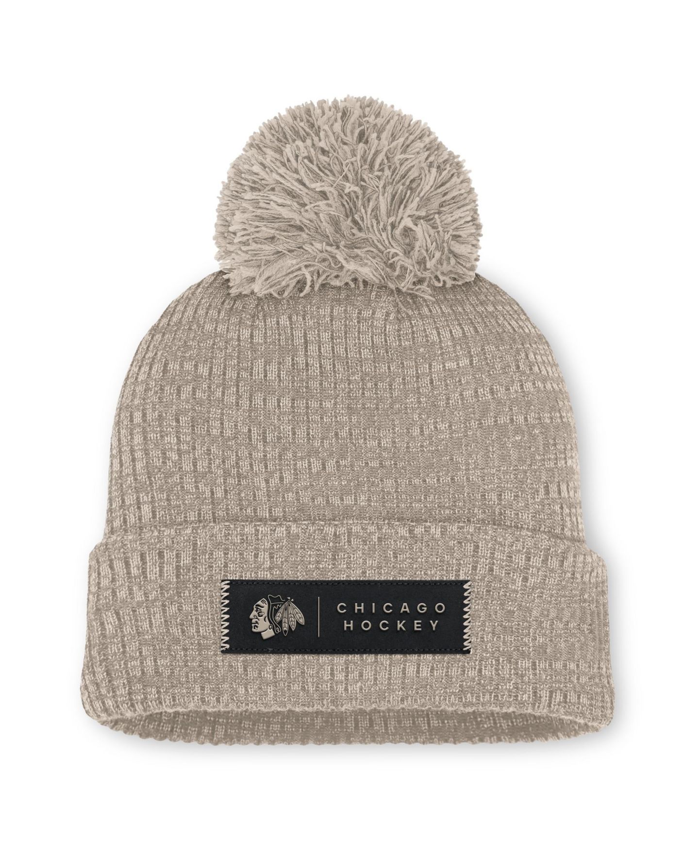 Женский головной убор Fanatics Light Beige Chicago Blackhawks Authentic Pro Road Cuffed Knit with Pom Hat — фото 1