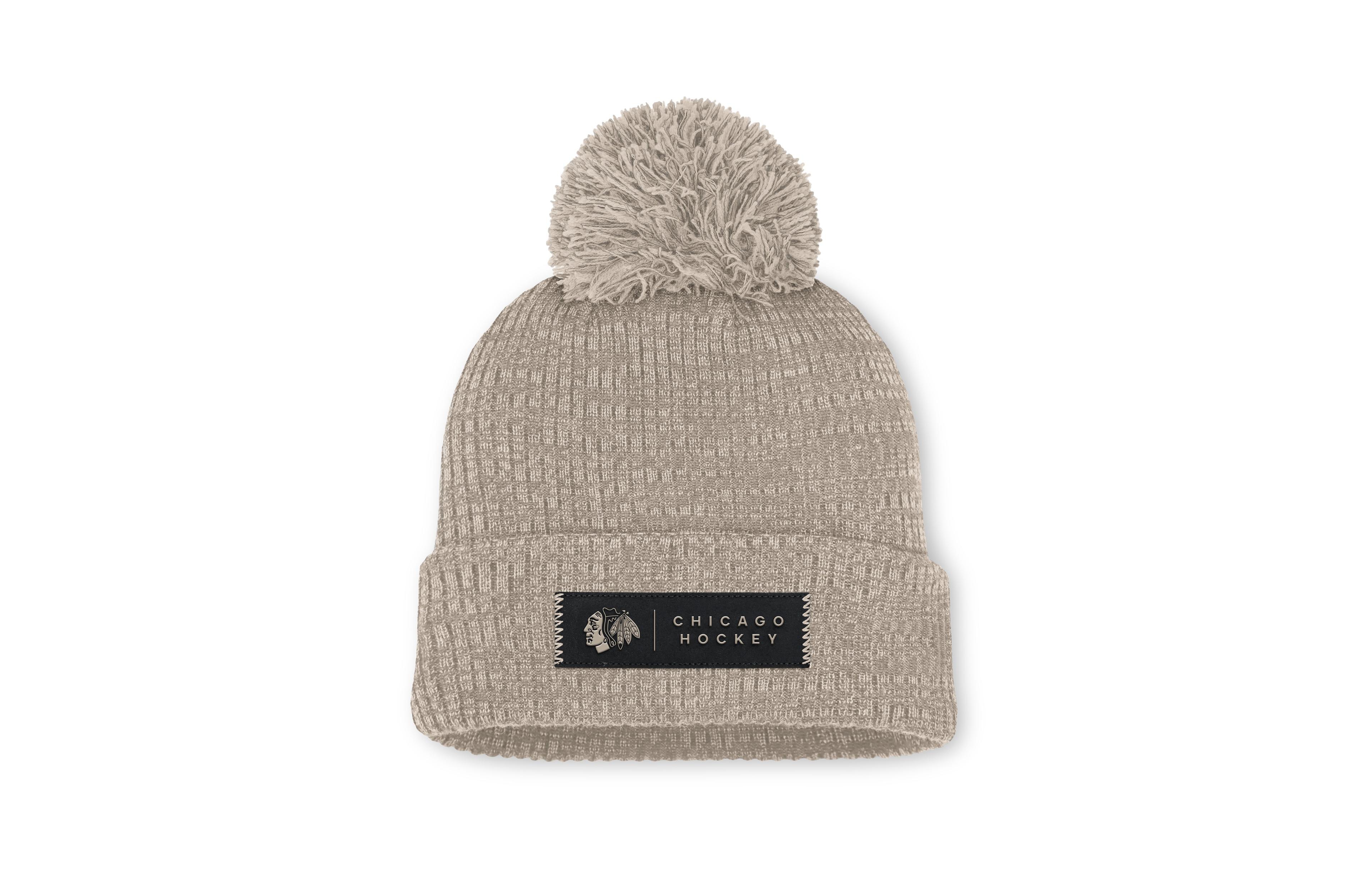 Fanatics Women's Light Beige Chicago Blackhawks Authentic Pro Road Cuffed Knit with Pom Hat