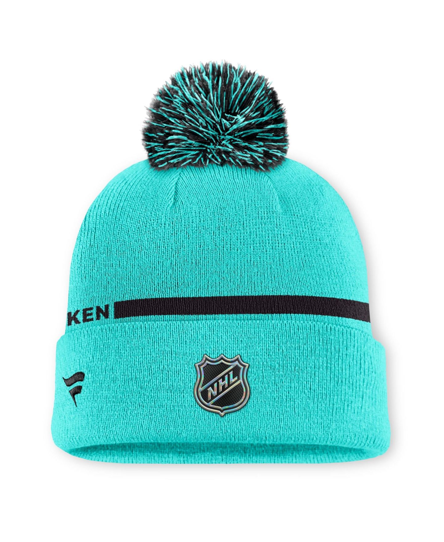 Мужской головной убор Fanatics Light Blue Seattle Kraken Authentic Pro Alternate Cuffed Knit with Pom Hat — фото 2
