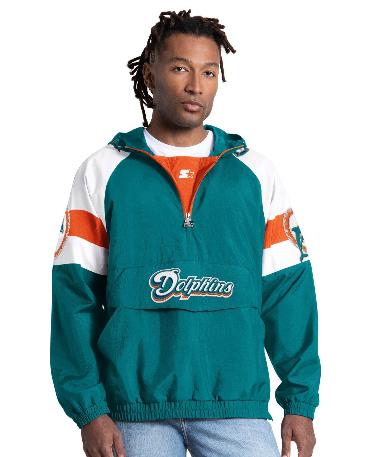 Starter Men's Aqua Miami Dolphins Street Cut Retro Logo Half-Zip Jacket - Aqua, Orange