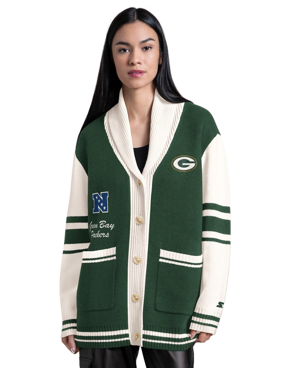 Starter Women's Green Bay Packers Strike Zone Shawl-Collar Button-Up Cardigan Sweater - Green, Cream