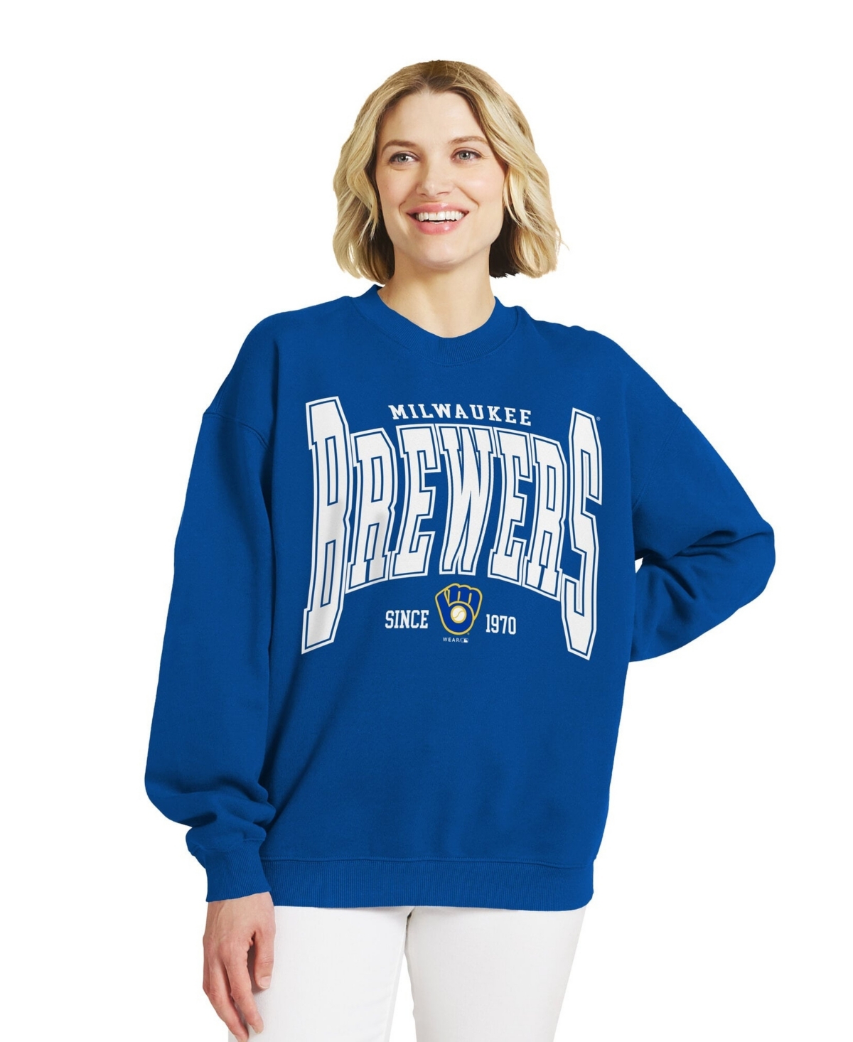 Wear by Erin Andrews Women's Royal Milwaukee Brewers Oversized Team Fleece Sweatshirt