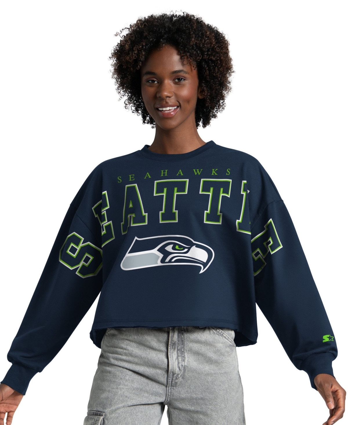 Starter Women's College Navy Seattle Seahawks Bleachers Cropped Sweatshirt