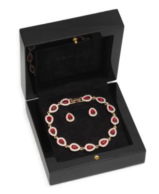 Gold-Tone Crystal Siam Pear Stone Stud Earring and Bracelet Set