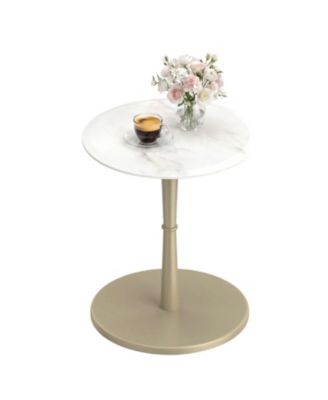 Round Marble Side Table with Stone Finish and Wooden Base for Small Spaces