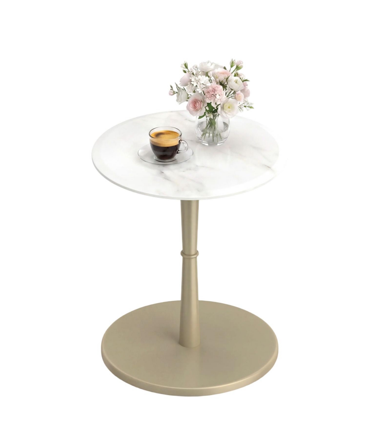 Mecale Round Marble Side Table with Stone Finish and Wooden Base for Small Spaces - White