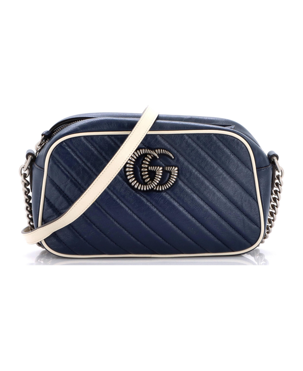 Pre-Owned Gucci Small Gg Marmont Shoulder Bag Diagonal Quilted Leather - Blue