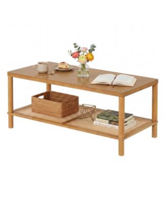 35.5 Inch Outdoor Coffee Table with Slatted Top Teak Oil Finish for Deck Garden