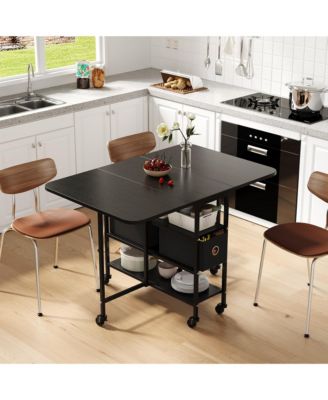 Folding Drop Leaf Dining Table with Storage Drawers, Rolling Mobile Kitchen Table Metal Wood Frame for Small Spaces
