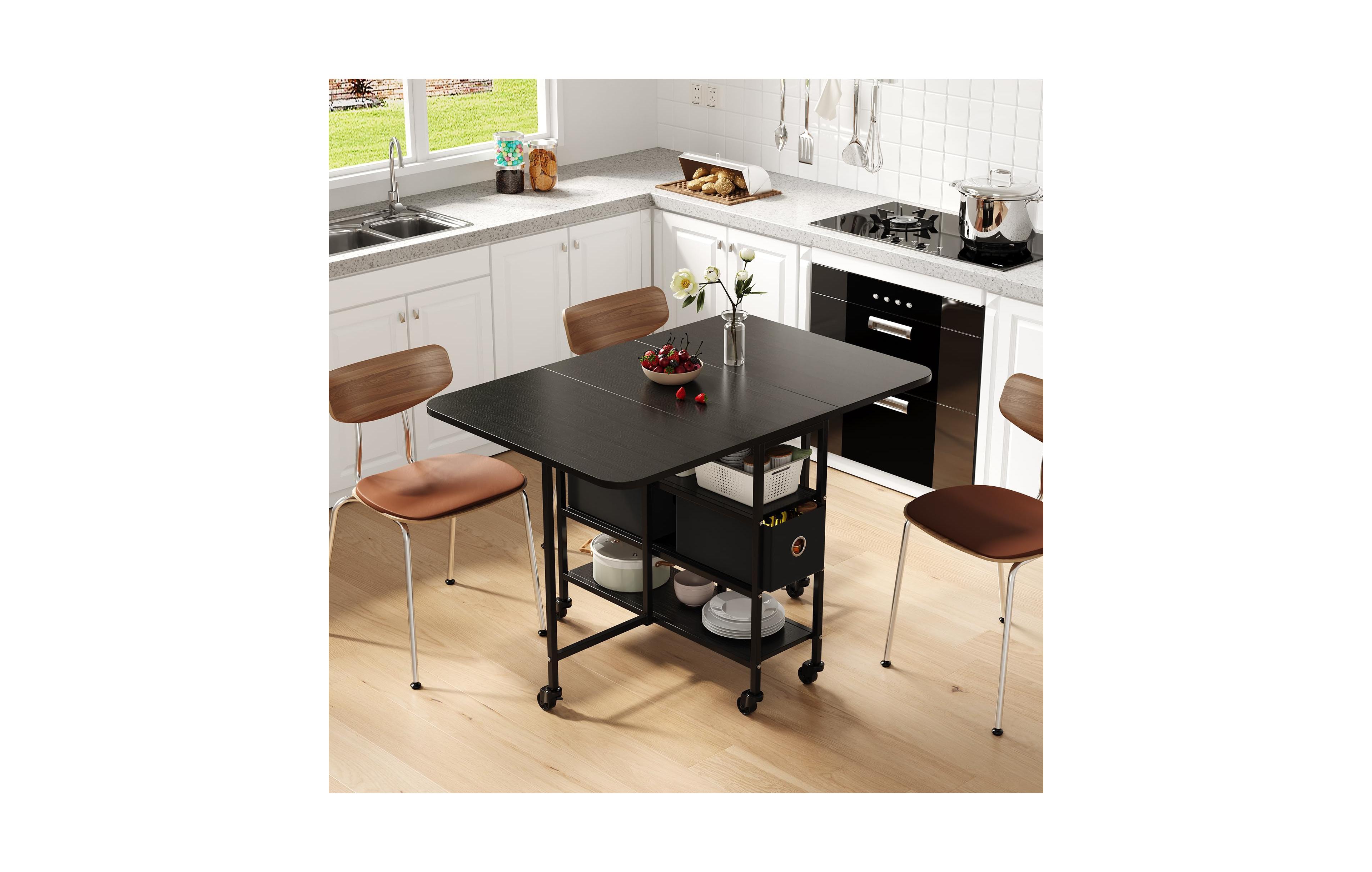 gaomon Folding Drop Leaf Dining Table with Storage Drawers, Rolling Mobile Kitchen Metal Wood Frame for Small Spaces