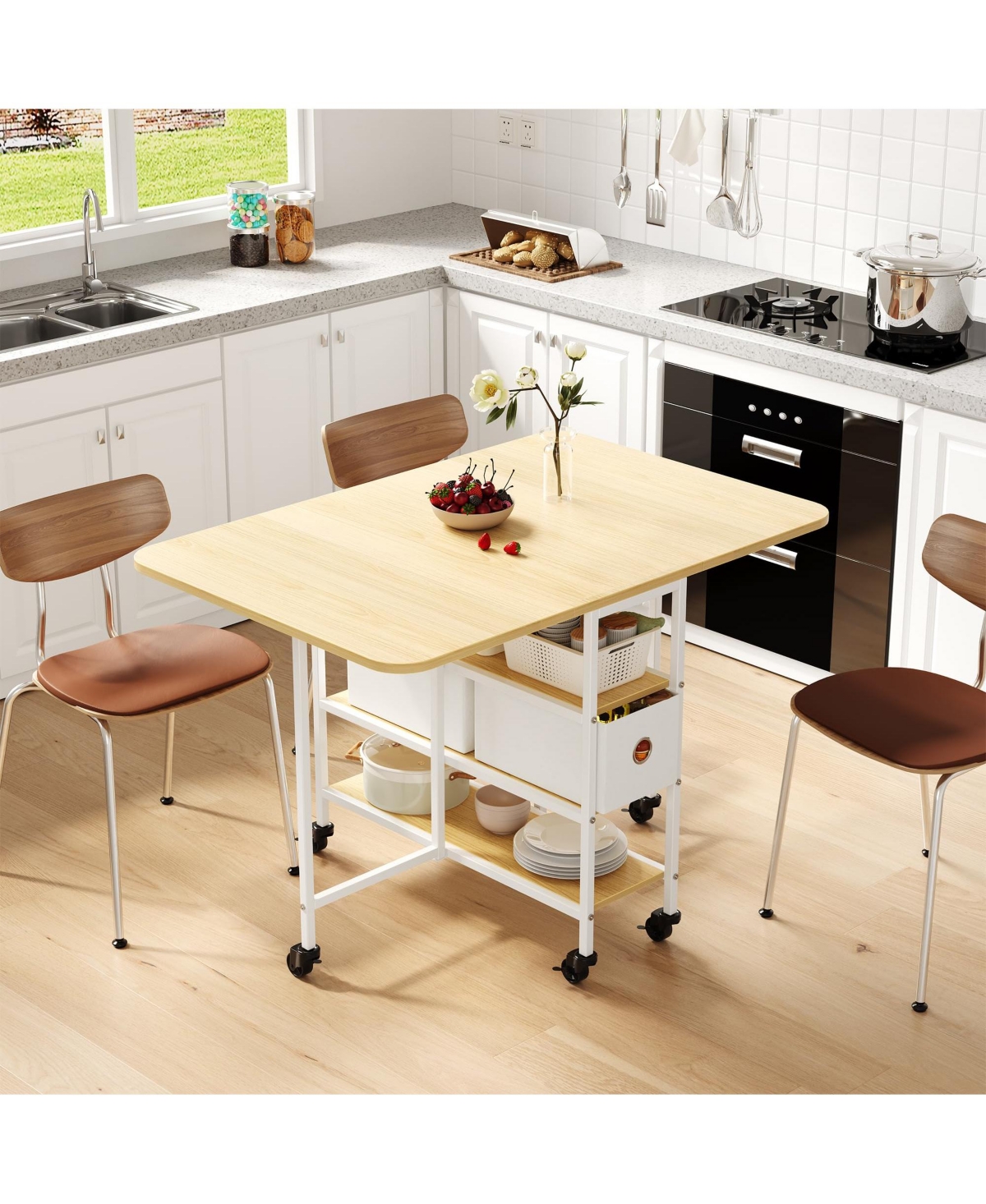 gaomon Folding Drop Leaf Dining Table with Storage Drawers, Rolling Mobile Kitchen Table Metal Wood Frame for Small Spaces - Natural