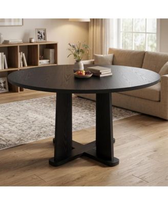 47'' Round Dining Table for 4-6, Wood-Grain Kitchen Table with Cross Base