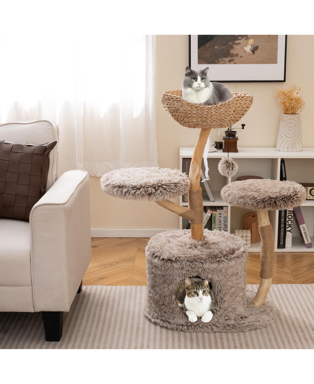 Zeny Wood Cat Tree Solid Pear with Perch and Sisal Scratching Posts