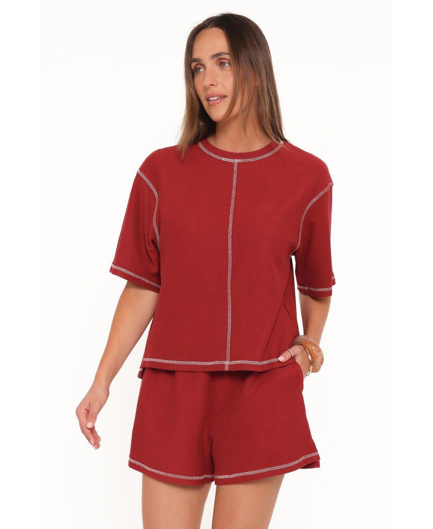 Женский комплект Petal and Pup Melody Knit Oversized Top and Shorts, 2-Piece Set, цвет: Бордовый — фото 1