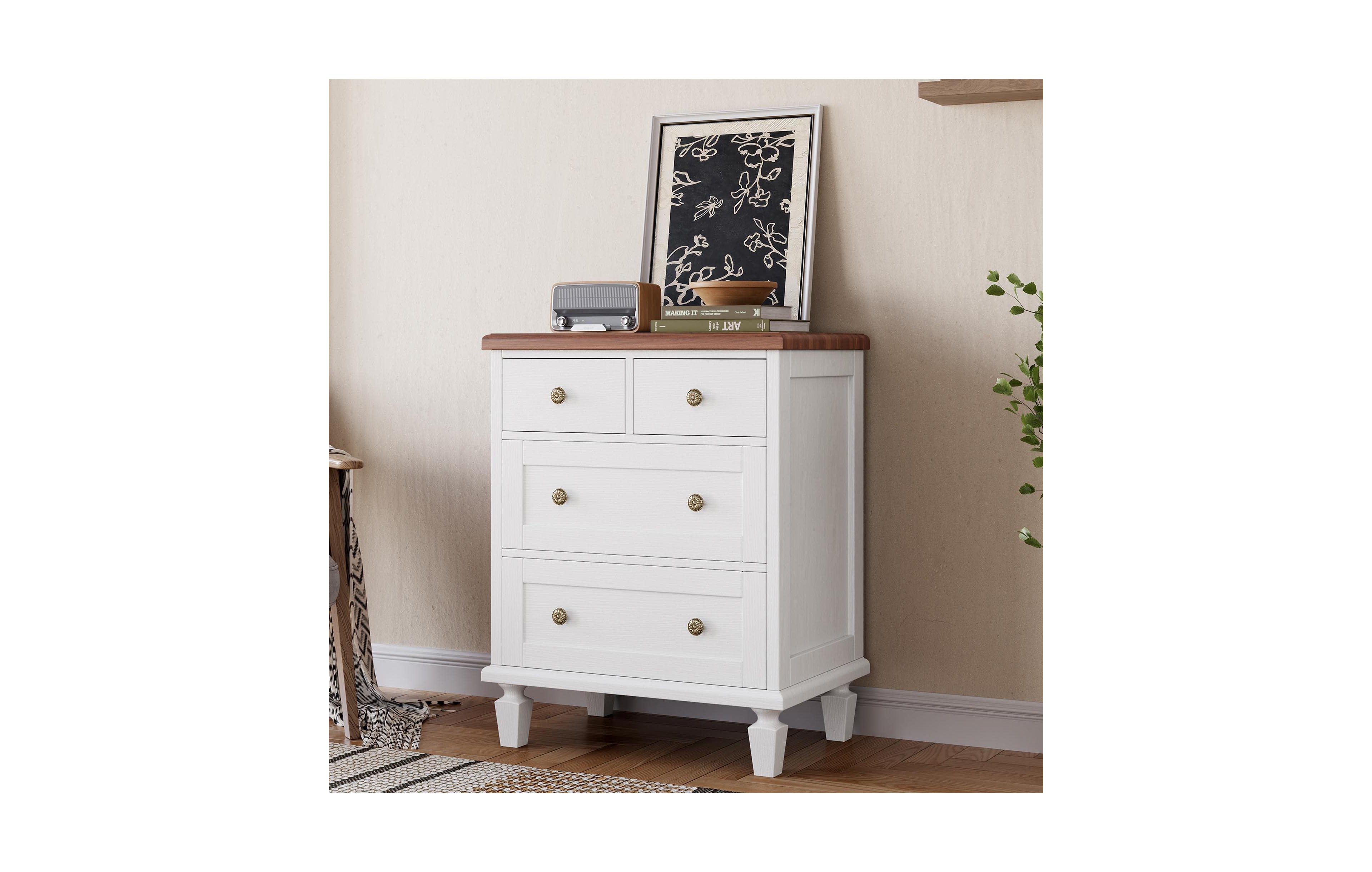 homfan 4 Drawer Dresser Vintage Solid Wood Chest with Carved Handles Tapered Legs for Bedroom Living Room Entryway