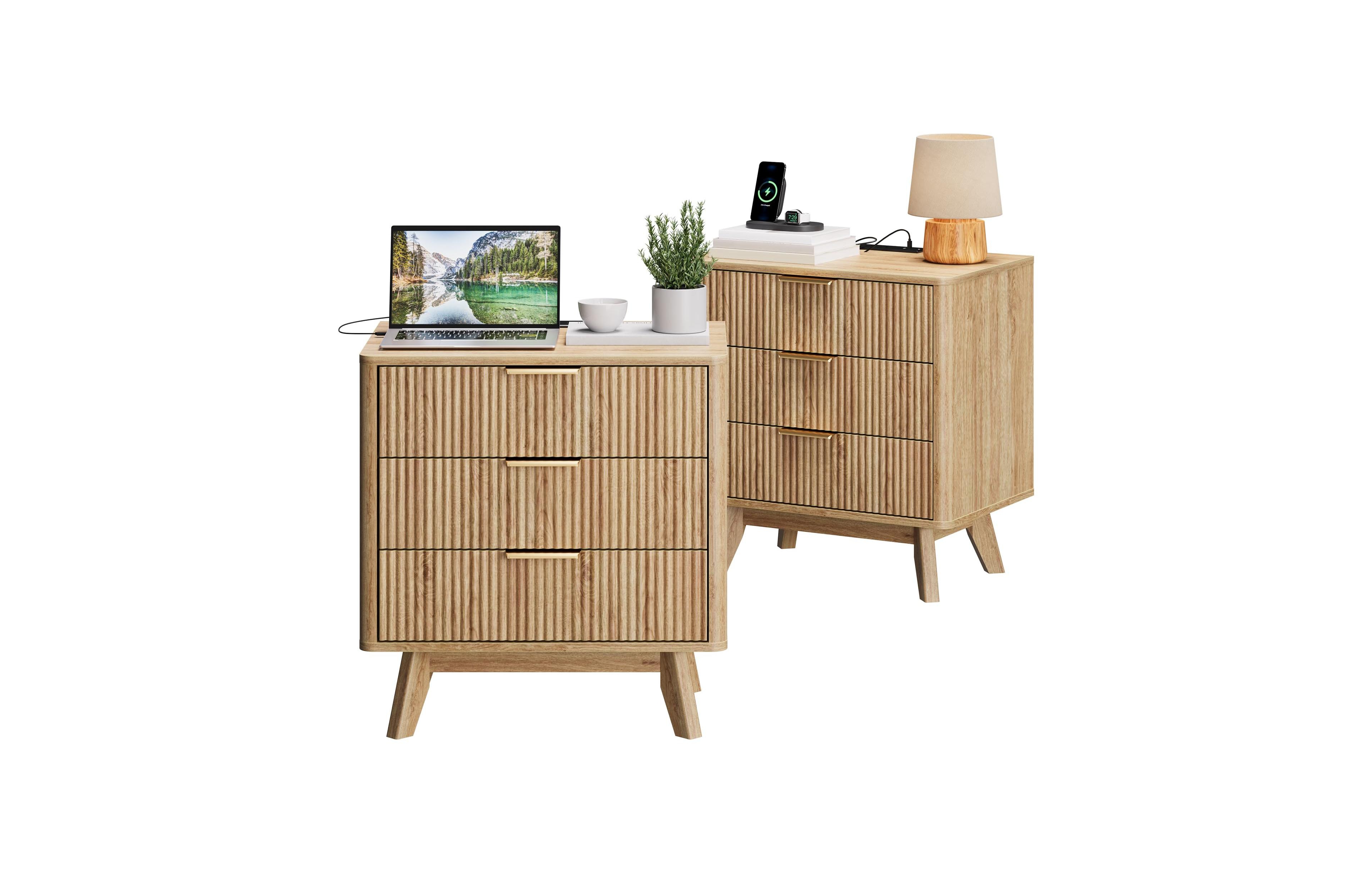 gaomon Nightstand Set of 2, 24" Wide Mid Century Modern Wood Bedside Table with 3 Drawers and Charging Station, Wooden End Table for Bedroom