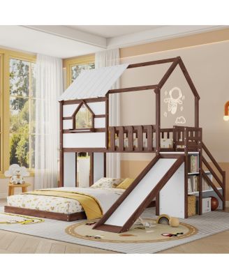 Wood House Twin Over Full Bunk Bed with Slide and Storage