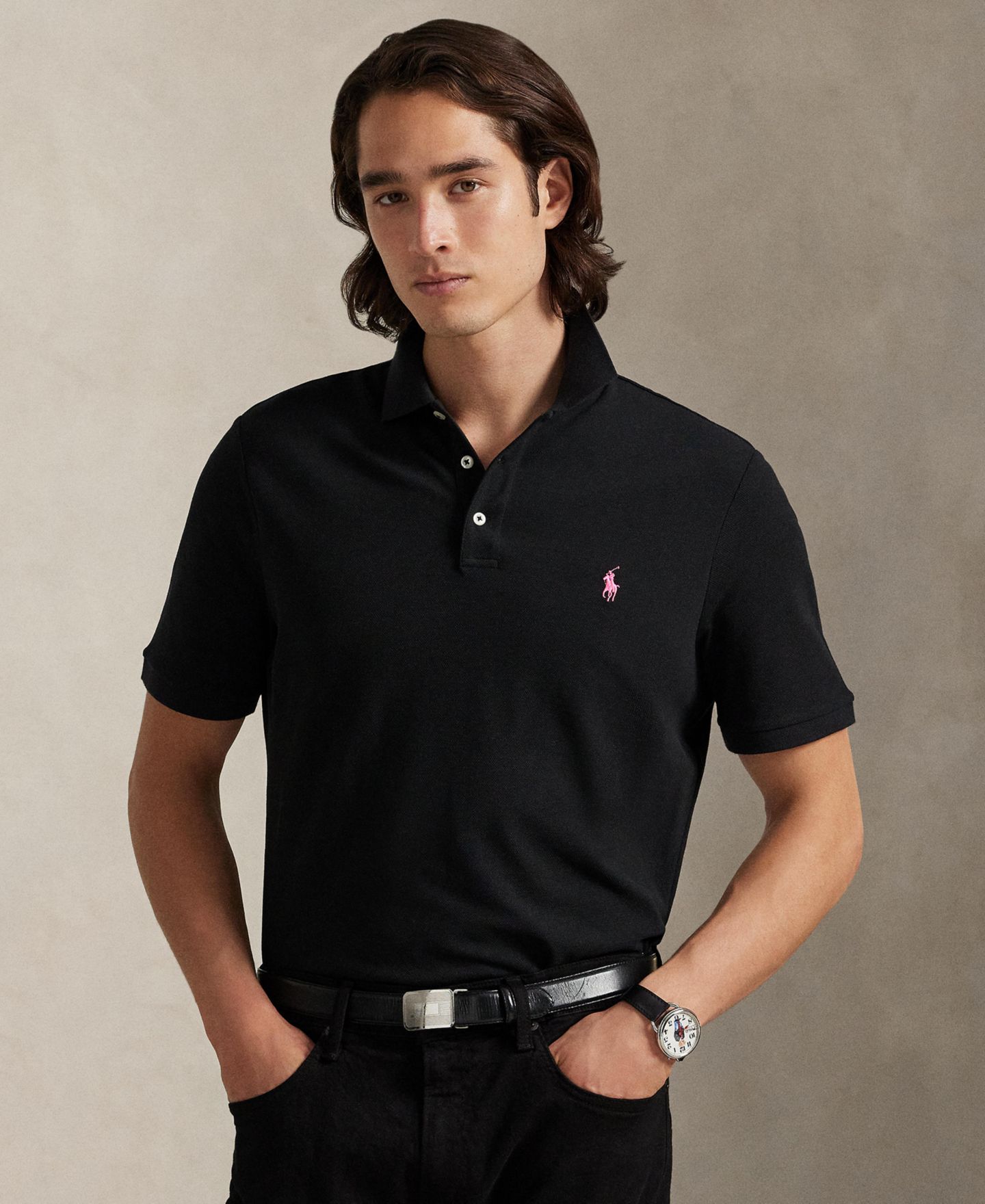 Мужская рубашка-поло Polo Ralph Lauren Pink Pony из эластичной сетки, цвет: Чёрный — фото 3