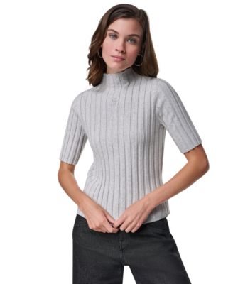 Women's Mock Neck Elbow-Length Ribbed Cotton-Blend Sweater
