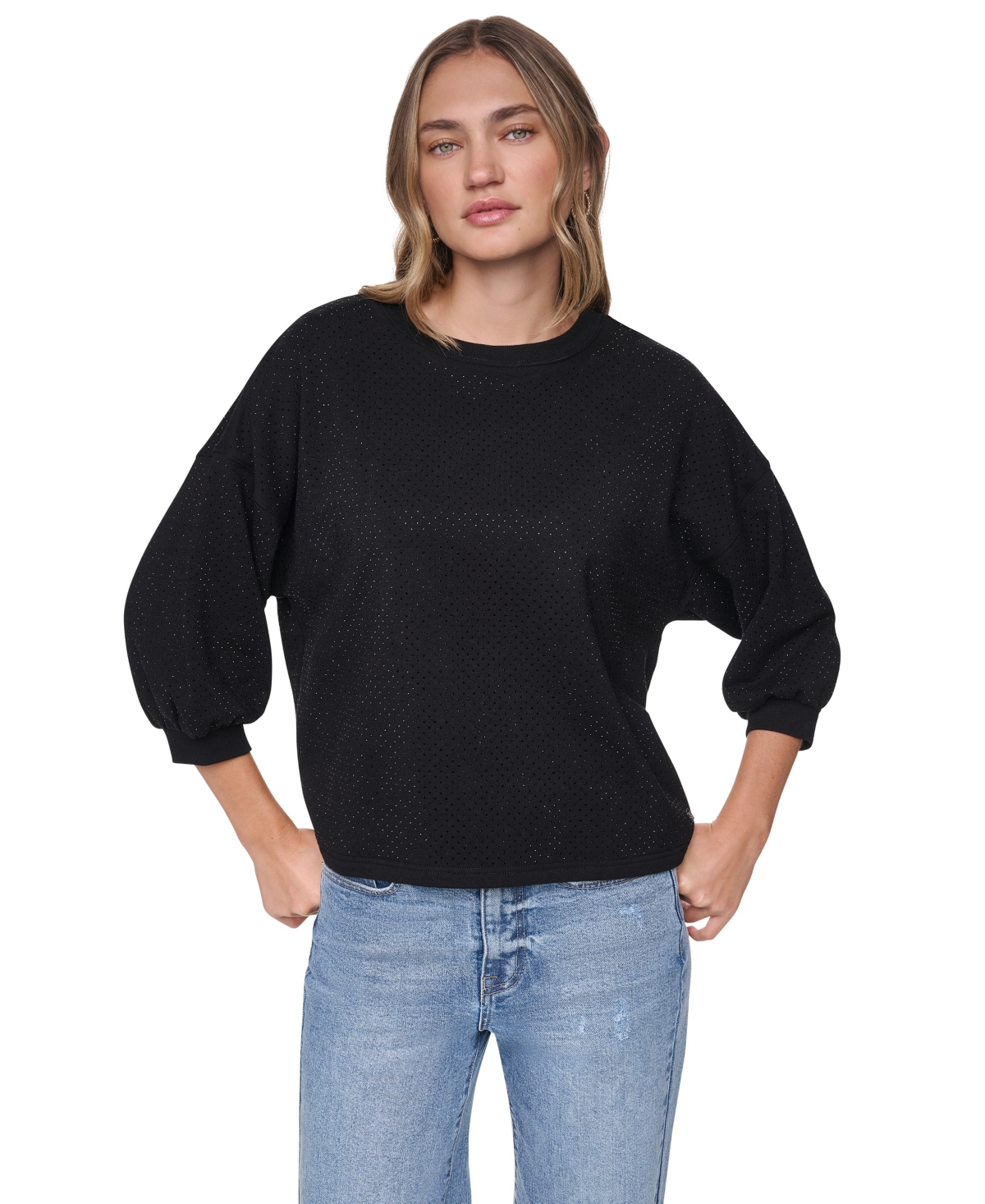 Dkny Jeans Women's Rhinestone 3/4-Sleeve Crewneck T-Shirt SDJ6 - Black