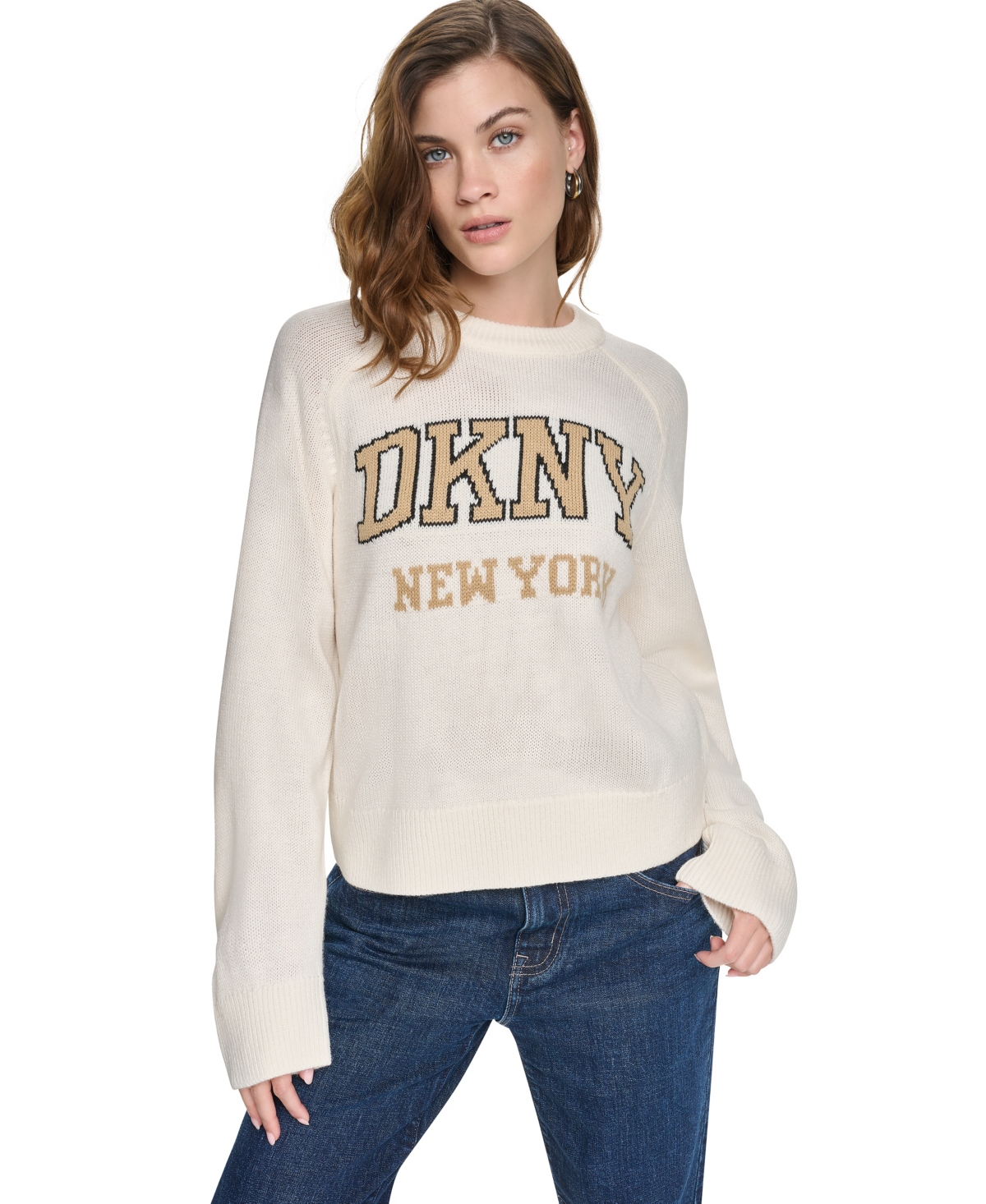 Dkny Jeans Women's Bell-Sleeve Raglan Sweater - Eggnog/True Red Violet