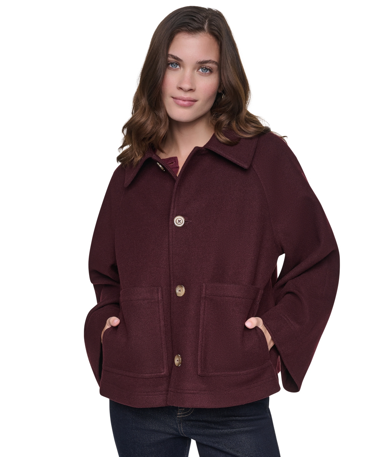 Dkny Jeans Women's Raglan Sleeve Button Front Swing Lined Coat - Claret