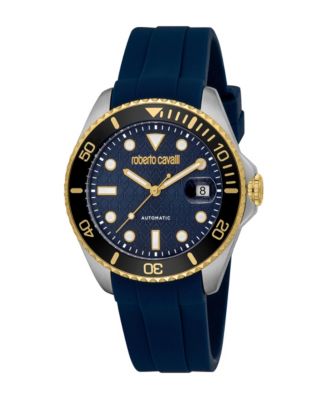 Men's Water-Resistant Two-Tone Stainless Steel Quartz Dark Blue Silicone Strap Watch, 40mm