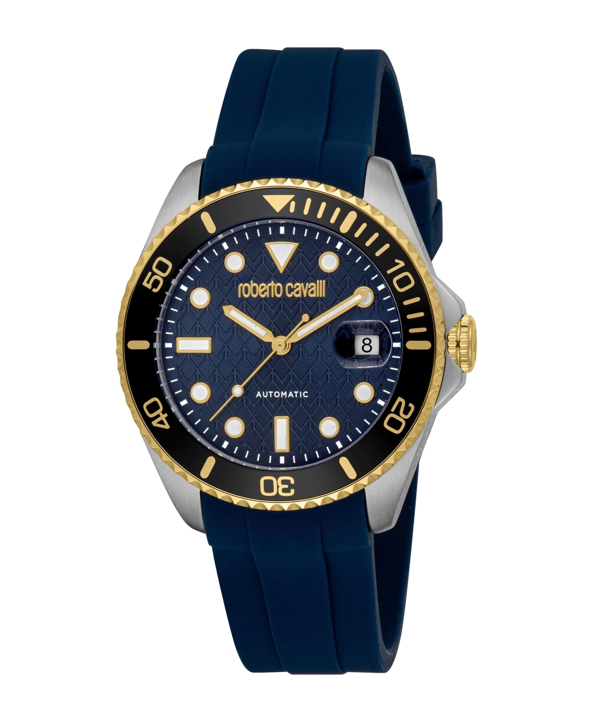 Roberto Cavalli Men's Water-Resistant Two-Tone Stainless Steel Quartz Dark Blue Silicone Strap Watch, 40mm