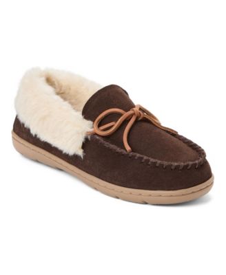 Women's Suede Moc With Leather Lacing and Faux Fur Trim Slippers