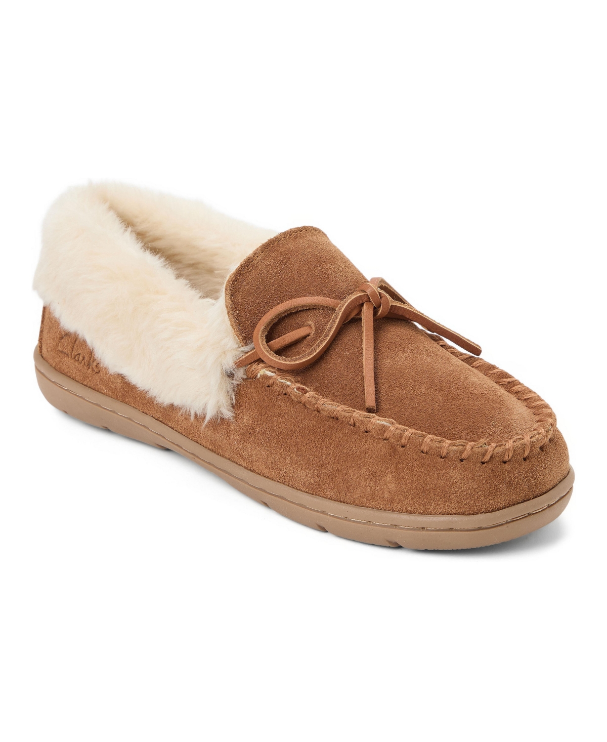 Clarks Women's Suede Moc With Leather Lacing and Faux Fur Trim Slippers - Cognac