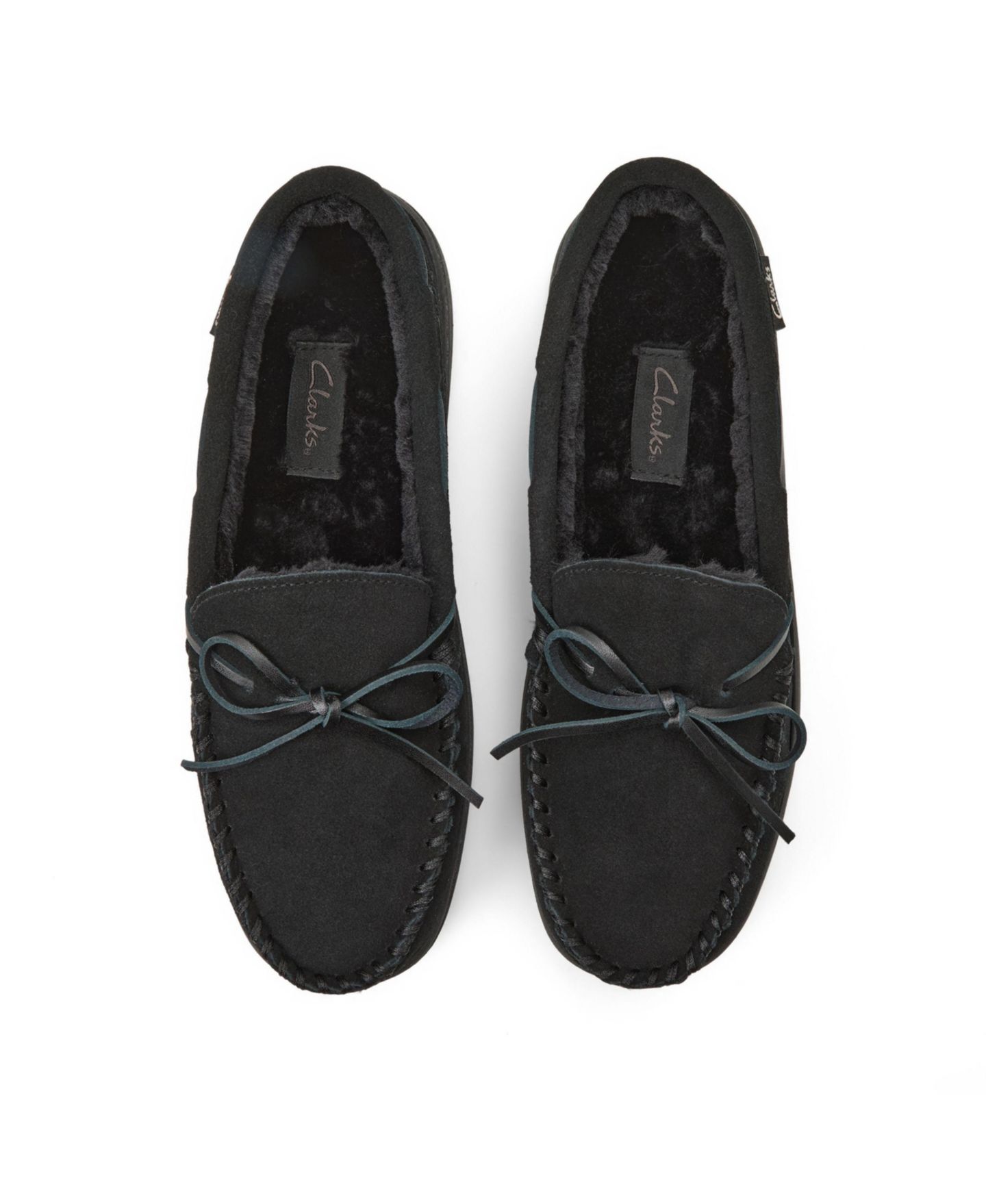 Мужские тапочки Clarks Genuine Cow Suede Moccasin With Leather Lacing And Tipped Faux Fur Slippers, цвет: Чёрный — фото 4