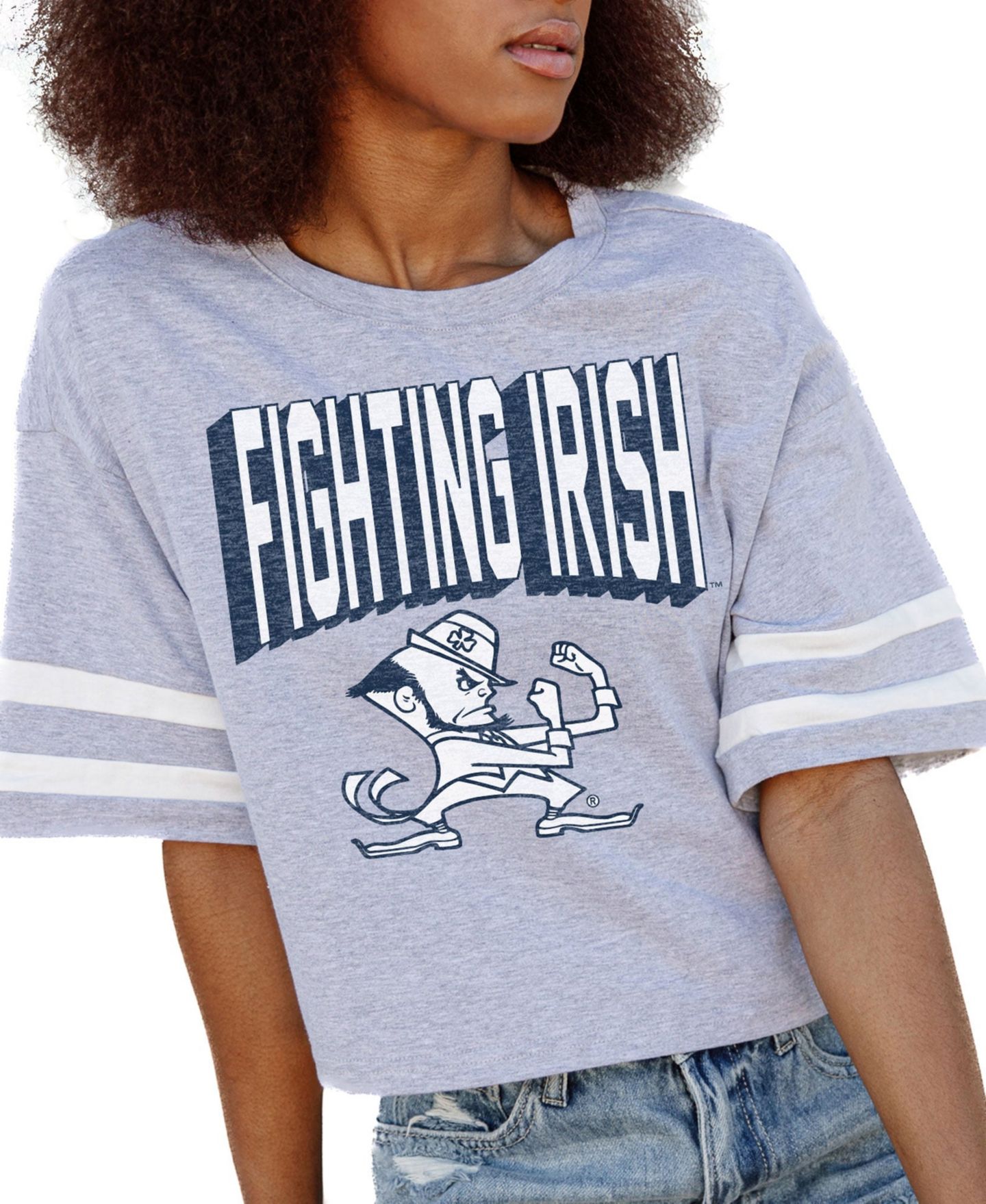 Женская футболка Gameday Couture Gray Notre Dame Fighting Irish No Shortcuts Drop Shoulder Sleeve Stripe Cropped — фото 1