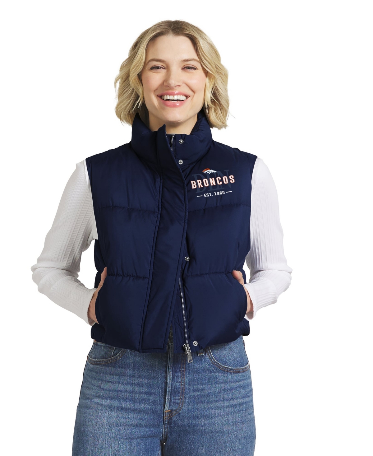 Wear by Erin Andrews Women's Navy Denver Broncos Cropped Puffer Full-Zip Vest - Navy
