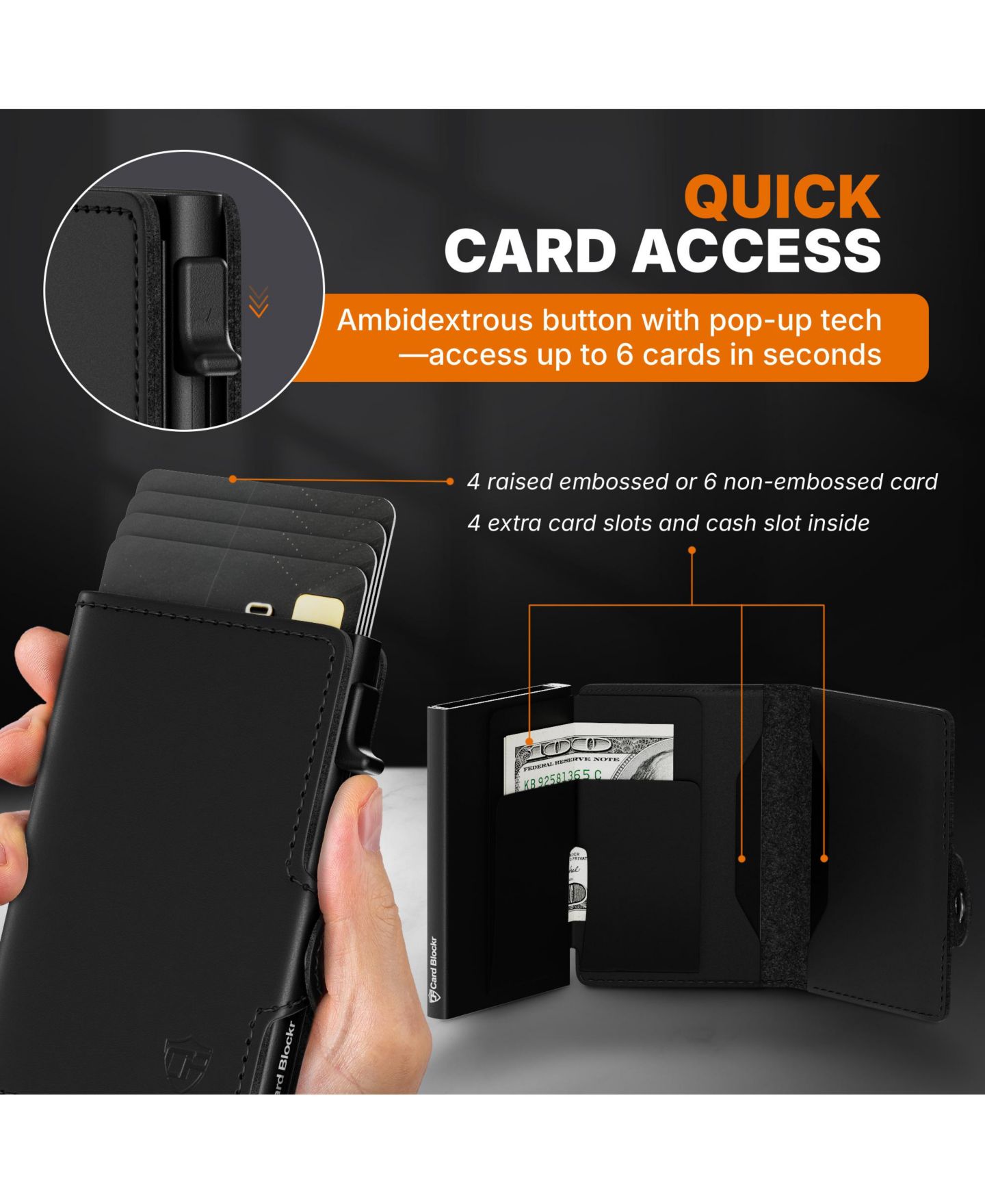 Мужской кошелёк Conceal Plus Card Blocr Pop Up Wallet for Men - Slim Metal RFID Blocking Card Holder (4-6 Cards Ejector) - Minimalist Wallet with Internal Cash + ID, цвет: Чёрный — фото 5