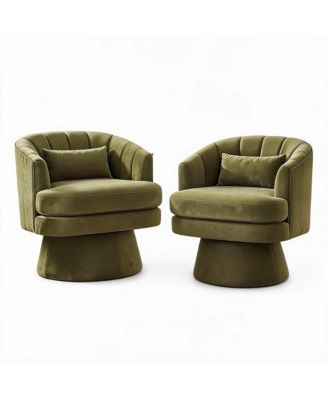 Swivel Accent Chairs Set of 2, 360degree(s) Swivel Barrel Chairs, Velvet, Green, Channel Tufted with Lumbar Pillow, 300 LBS