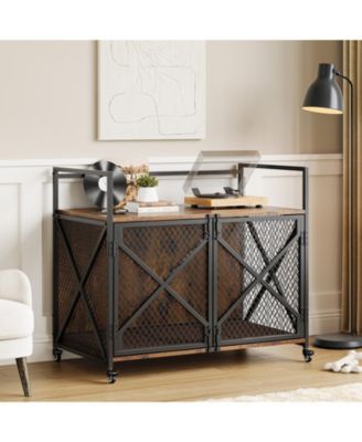 41" Dog Crate Furniture, Wooden Dog Kennel with 360degrees Wheels, Double Door Pet Cage End Table for Small to Large Dogs