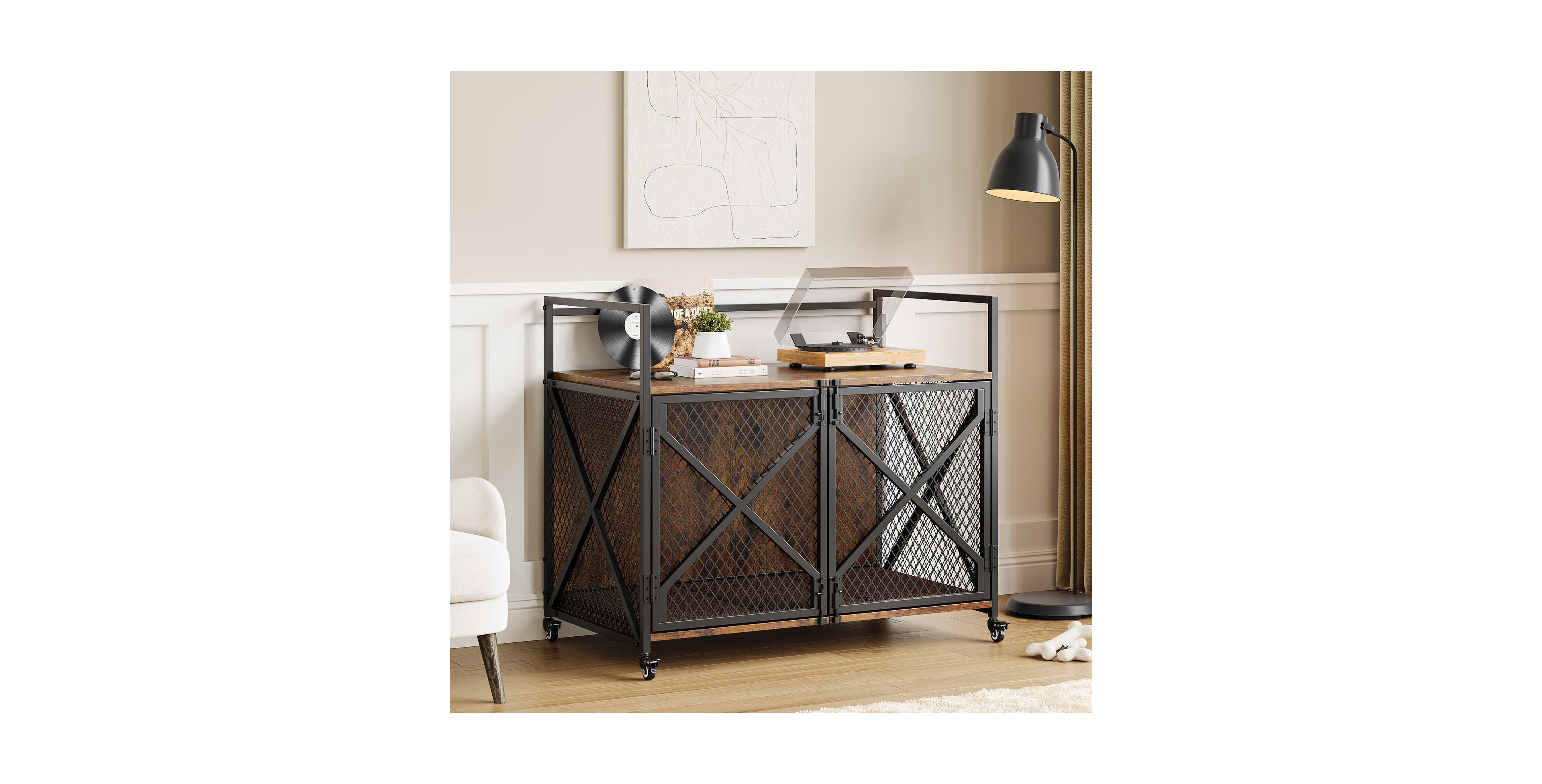 Lalfpet 41" Dog Crate Furniture, Wooden Dog Kennel with 360degrees Wheels, Double Door Pet Cage End Table for Small to Large Dogs