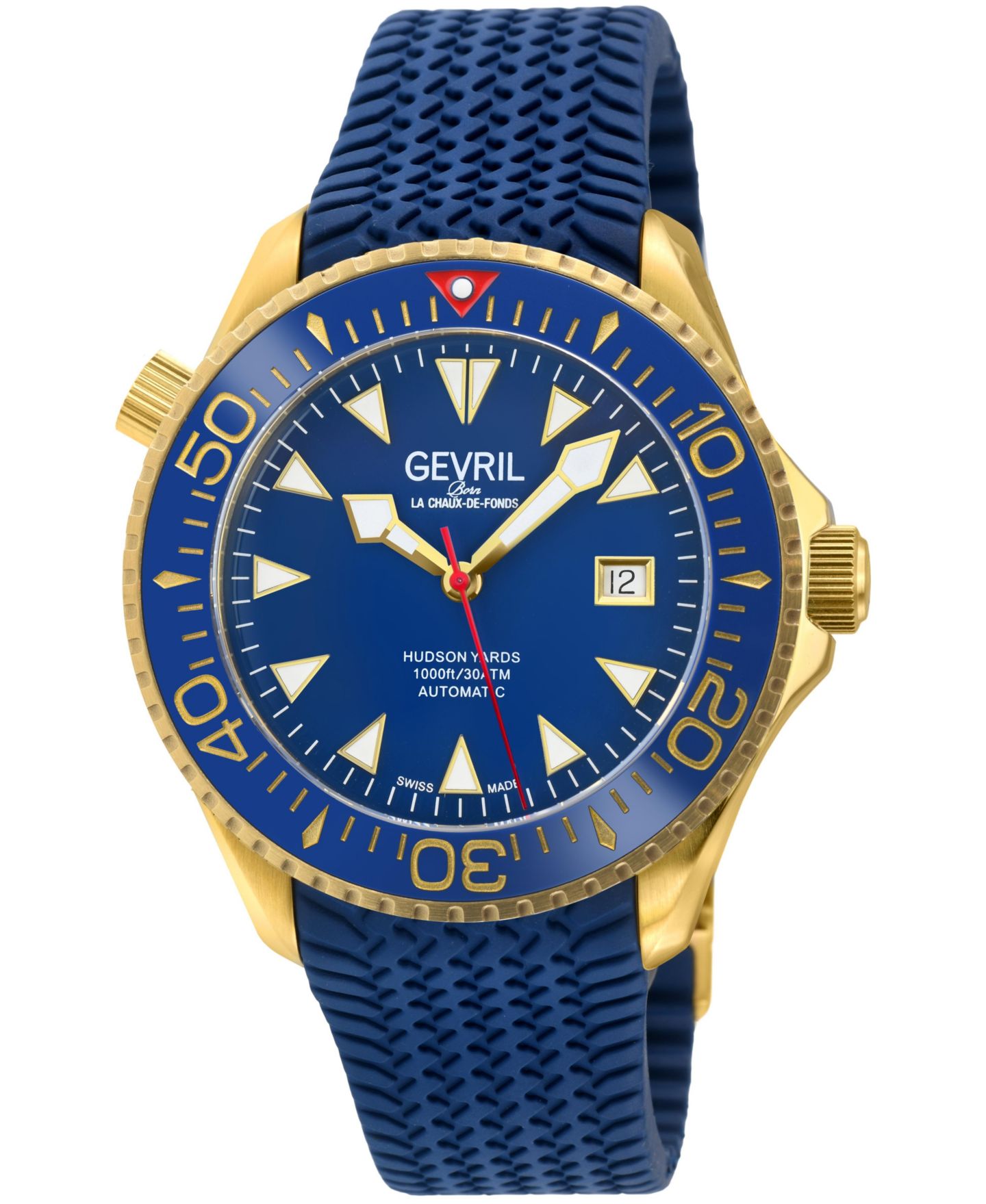 Мужские часы Gevril Swiss Automatic Hudson Yards Sapphire Crystal Water-Resistant Rubber Strap Watch, 43mm, цвет: Золотой — фото 1