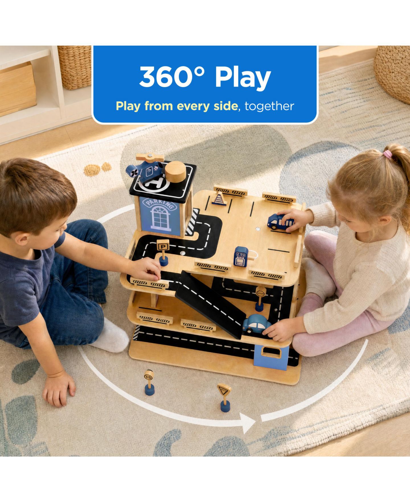 Детские игрушки Best Choice Products 3-Story Wooden Parking Garage Playset with Working Elevator, 11-Piece Set, цвет: Синий — фото 7