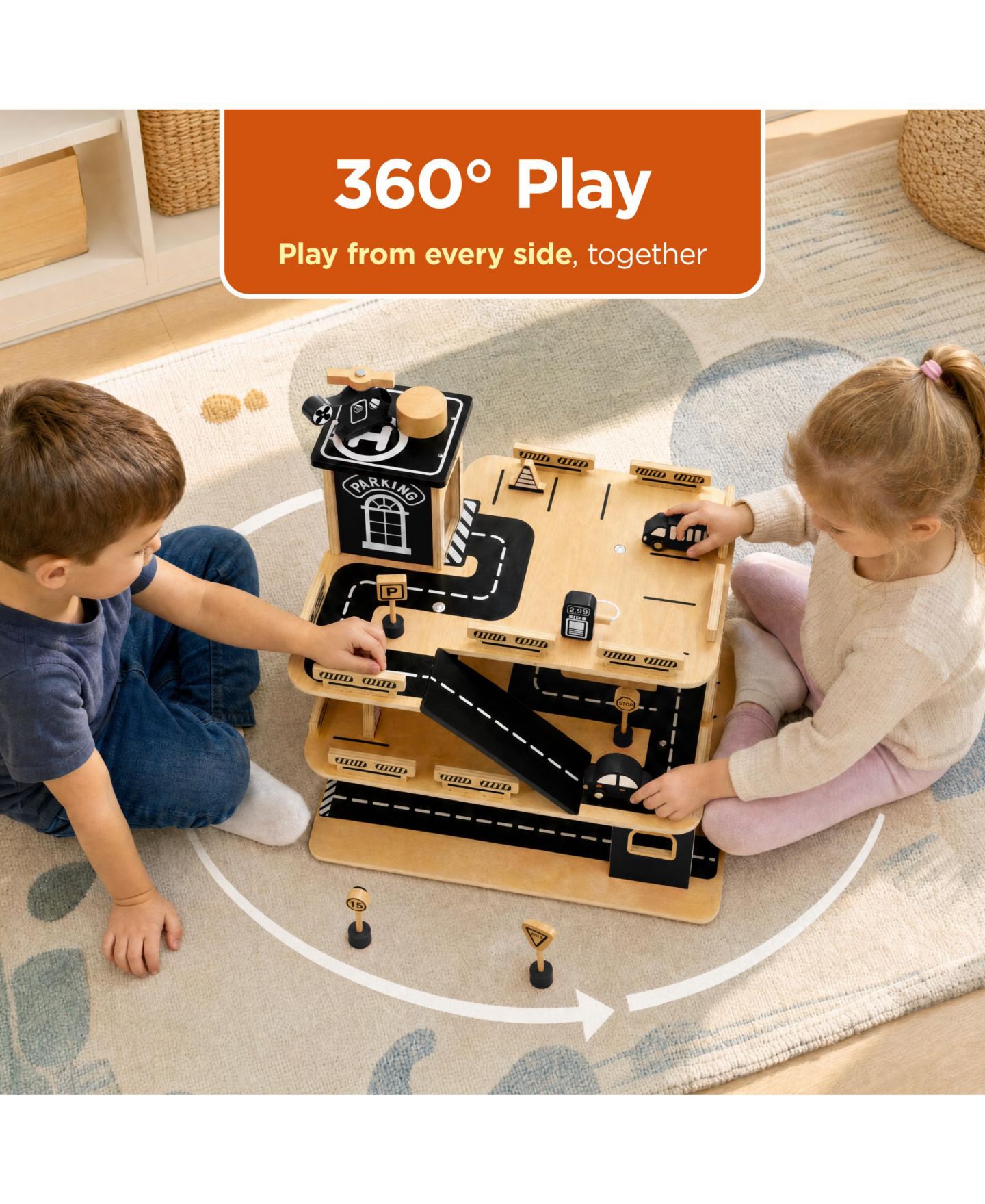 Детский игровой набор Best Choice Products Working Elevator 3-Story Wooden Parking Garage Playset, 17.1" x 14.4" x 15", цвет: Чёрный — фото 7