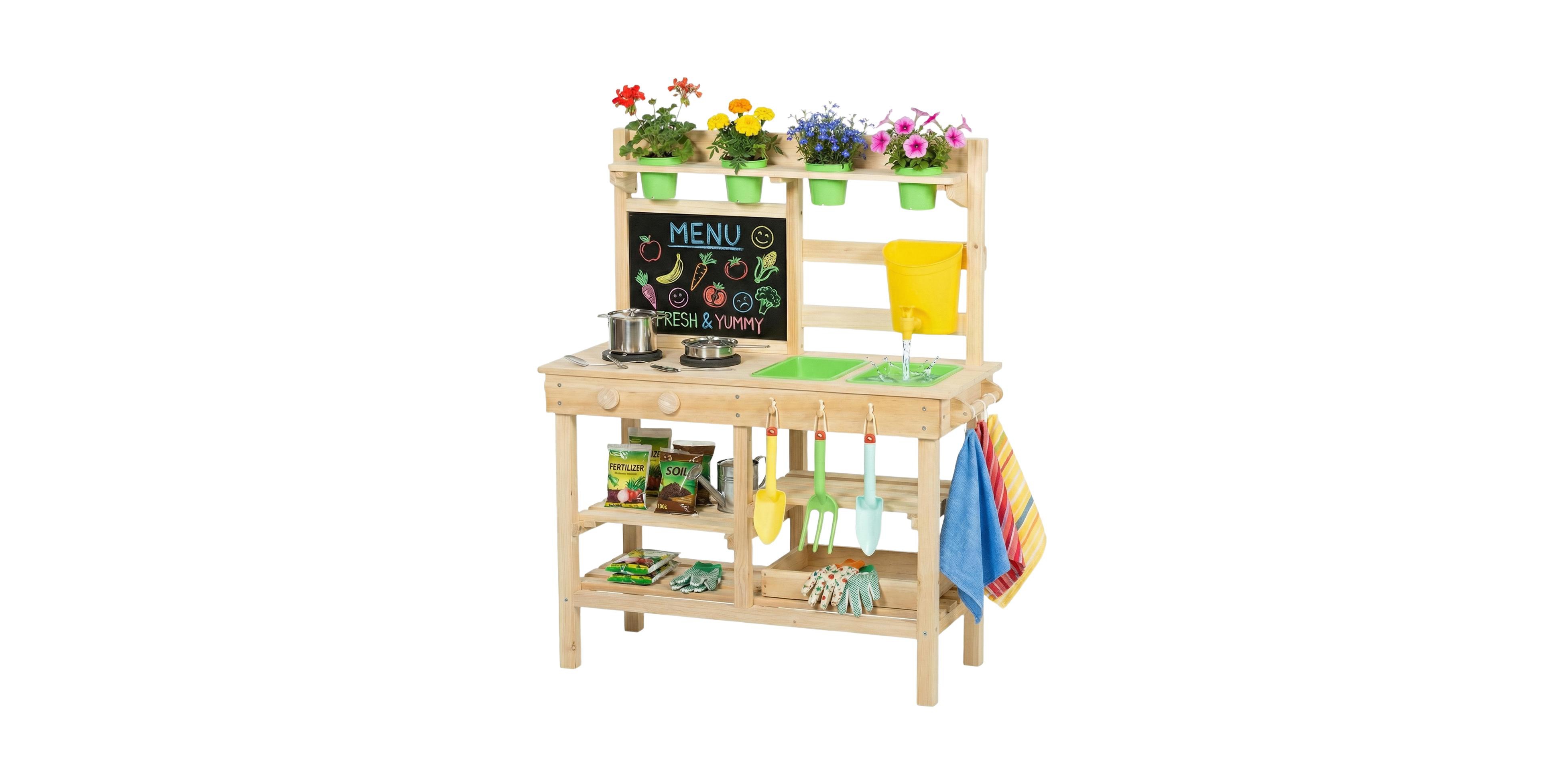 Glintex Kids Outdoor Wooden Mud Kitchen with Cookware, Garden Tools and Sinks