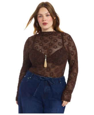 Plus Size Floral Lace Mesh Funnel-Neck Long-Sleeve Top