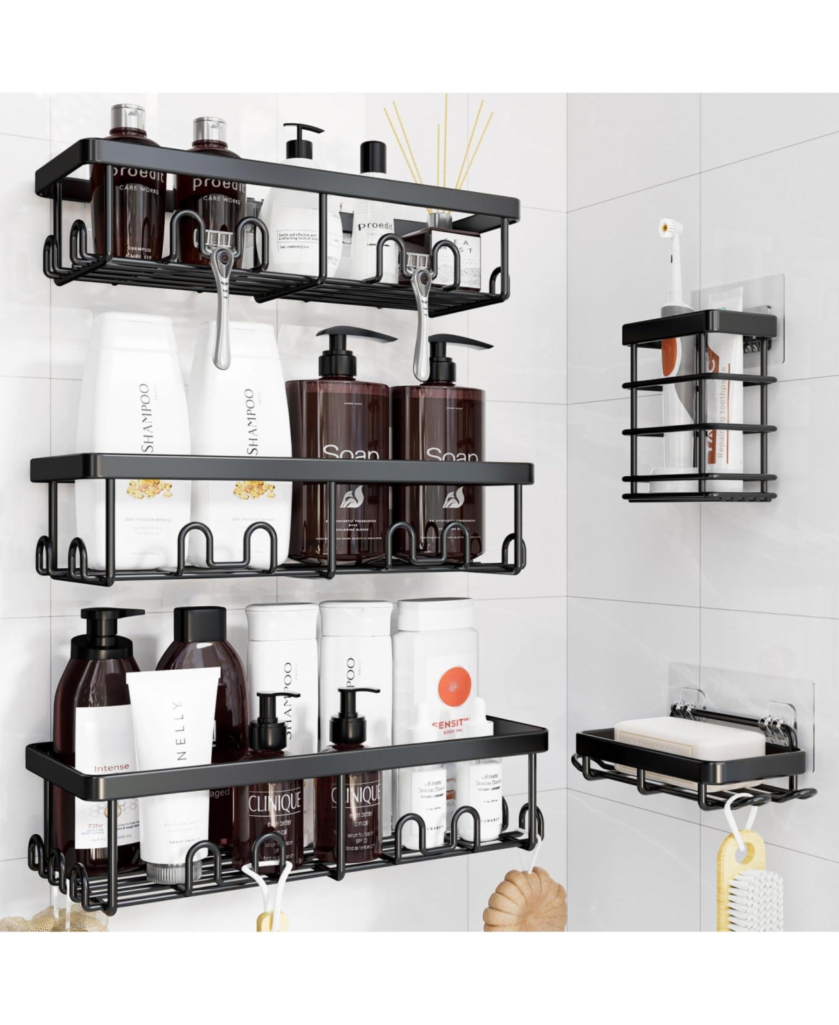 Cyqbd 5 Piece Shower Adhesive Rustproof Wall Rack Organizer Bathroom Hardware