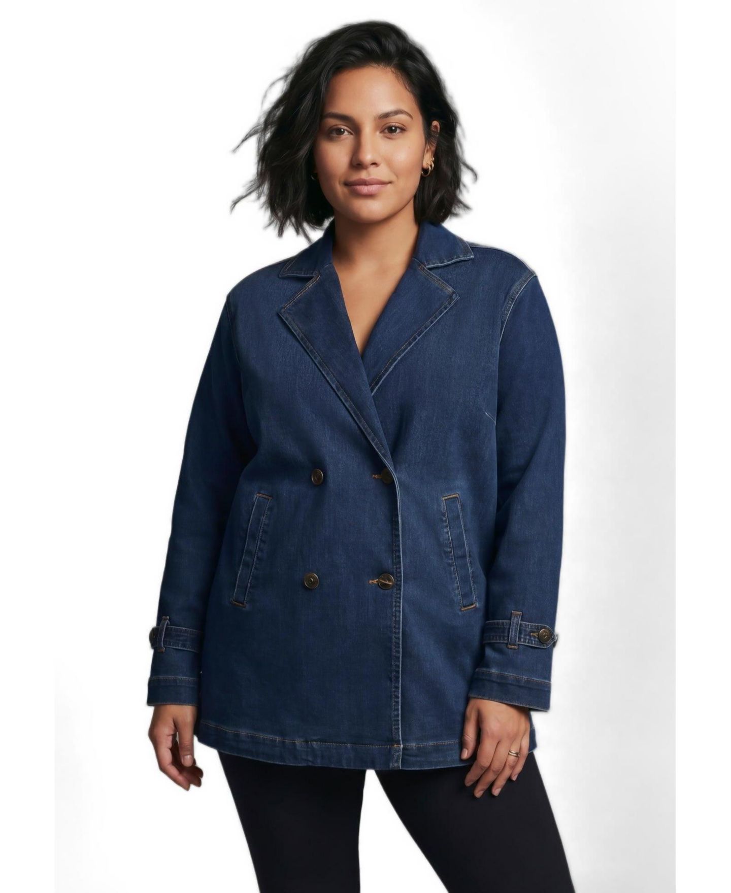 Женская куртка Avenue Plus Size Cropped Notch Lapel Denim Trench, цвет: Тёмная варка — фото 3